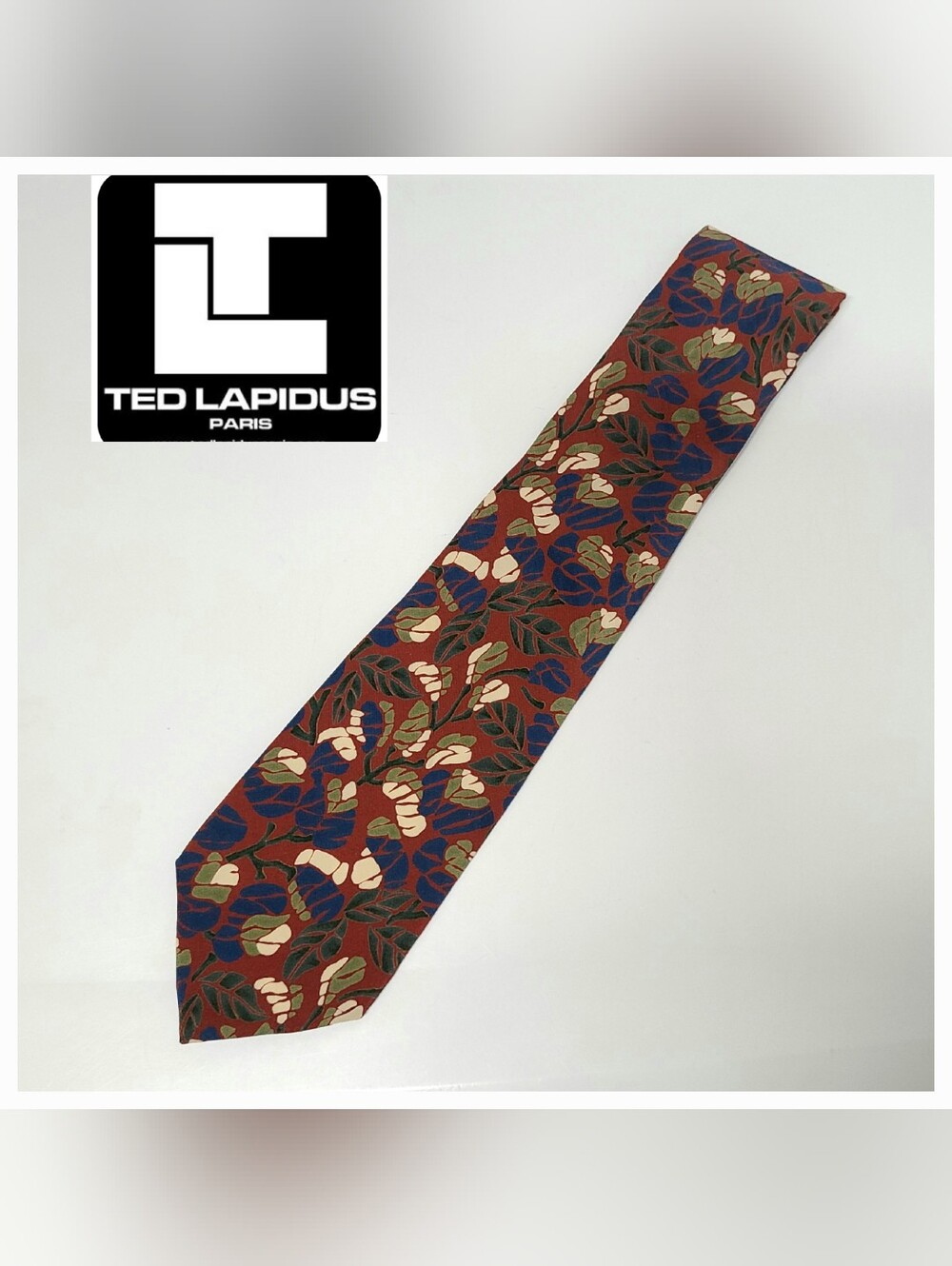 Ted Lapidus Navy Blue & Burgundy Leaf Prine Silk Necktie
